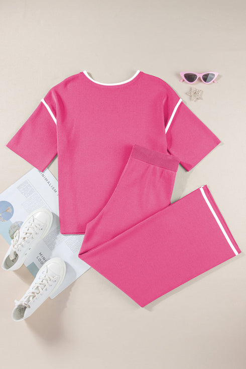 Contrast Trim Textured Knit Half Sleeve Drop Shoulder Drawstring Waist Wide Leg Two Piece Pant Set